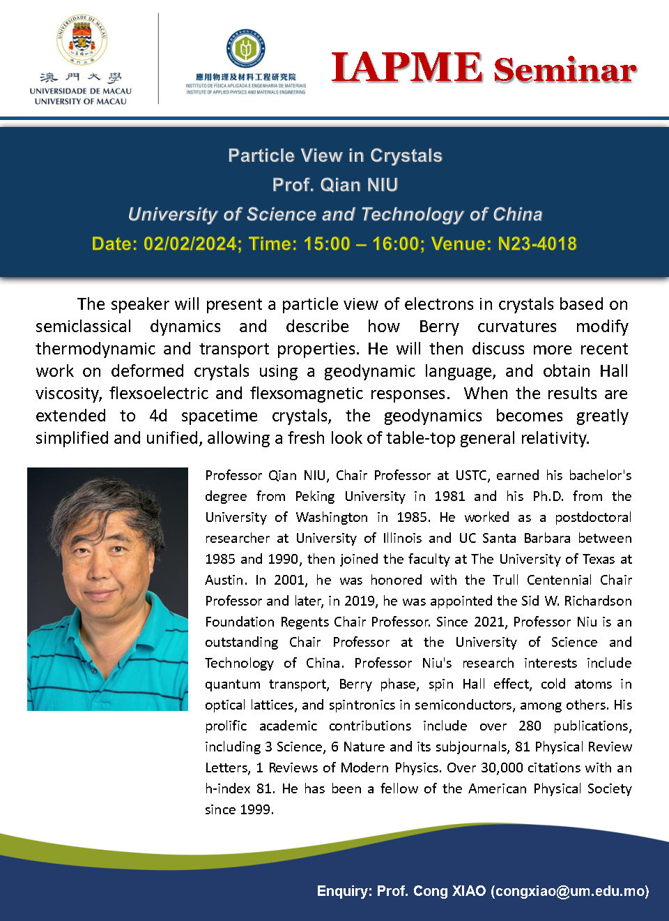 IAPME Seminar Prof Qian NIU From University Of Science And 